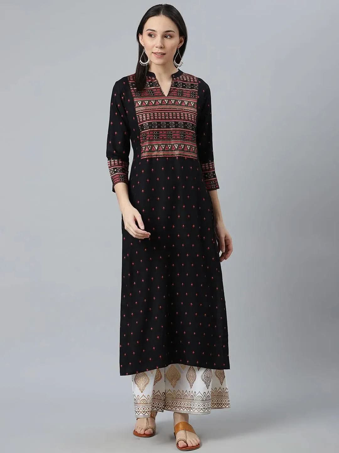 Black Printed Rayon Kurta - Libas