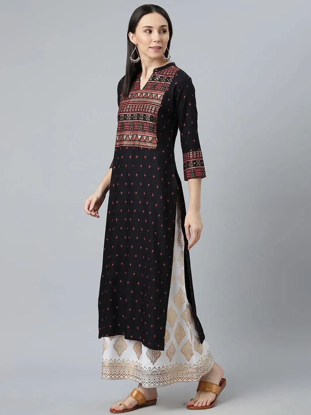 Black Printed Rayon Kurta - Libas