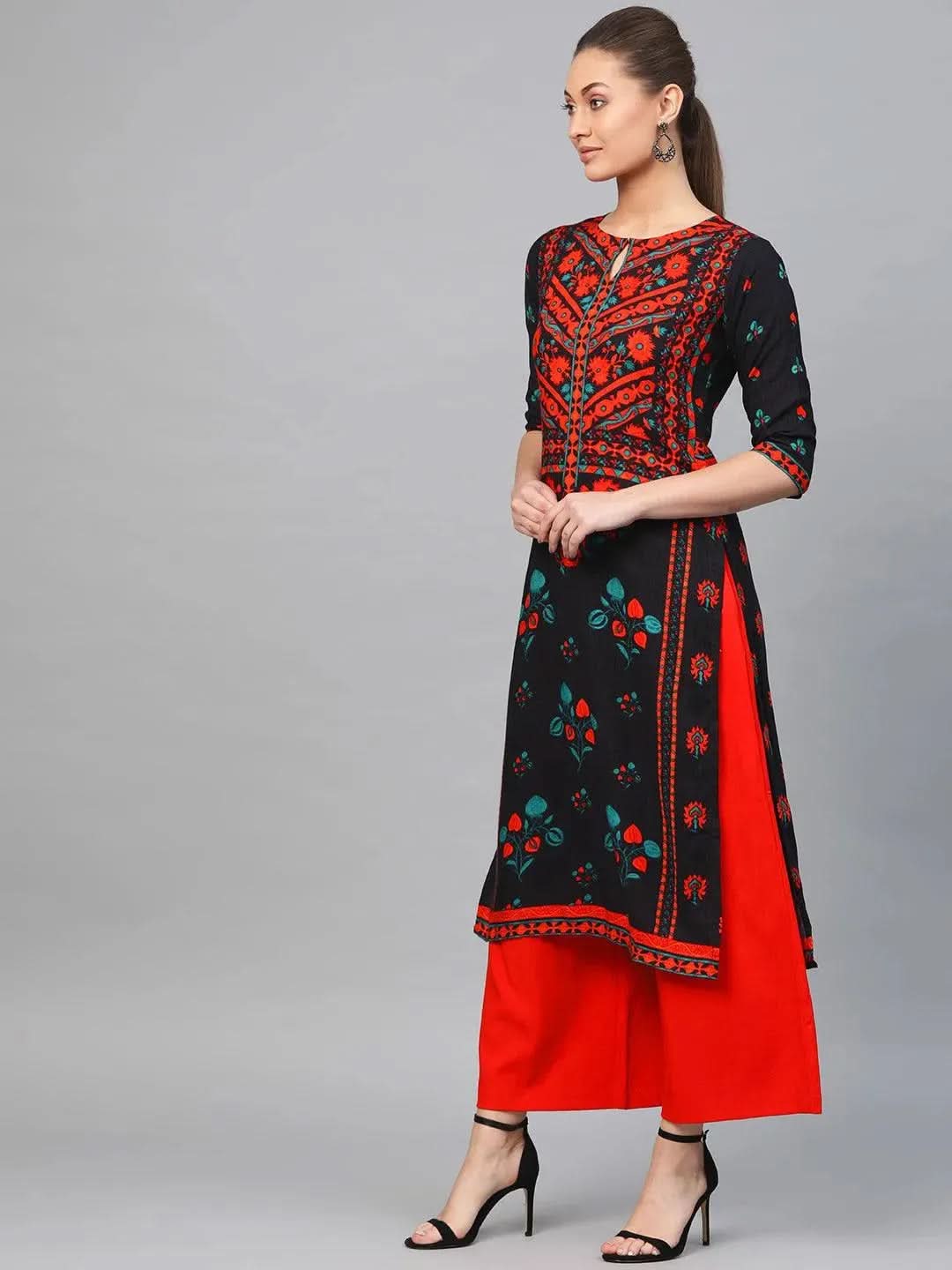 Black Printed Rayon Kurta - Libas