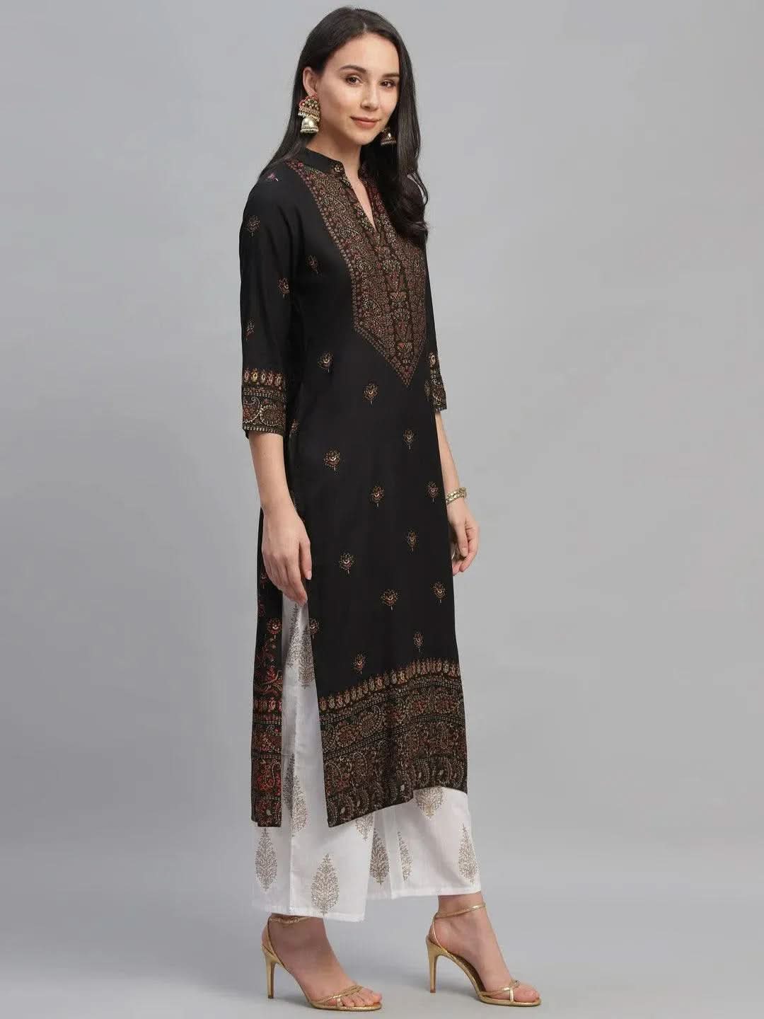 Black Printed Rayon Kurta - Libas