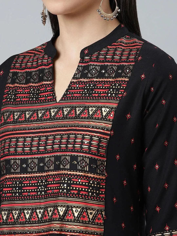 Black Printed Rayon Kurta - Libas