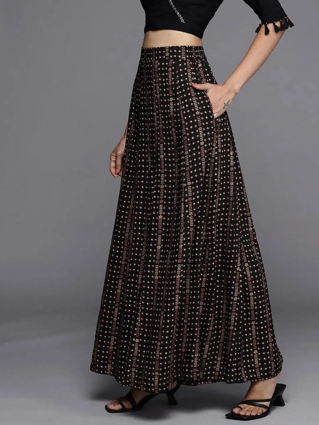 Black Printed Rayon Skirt - Libas