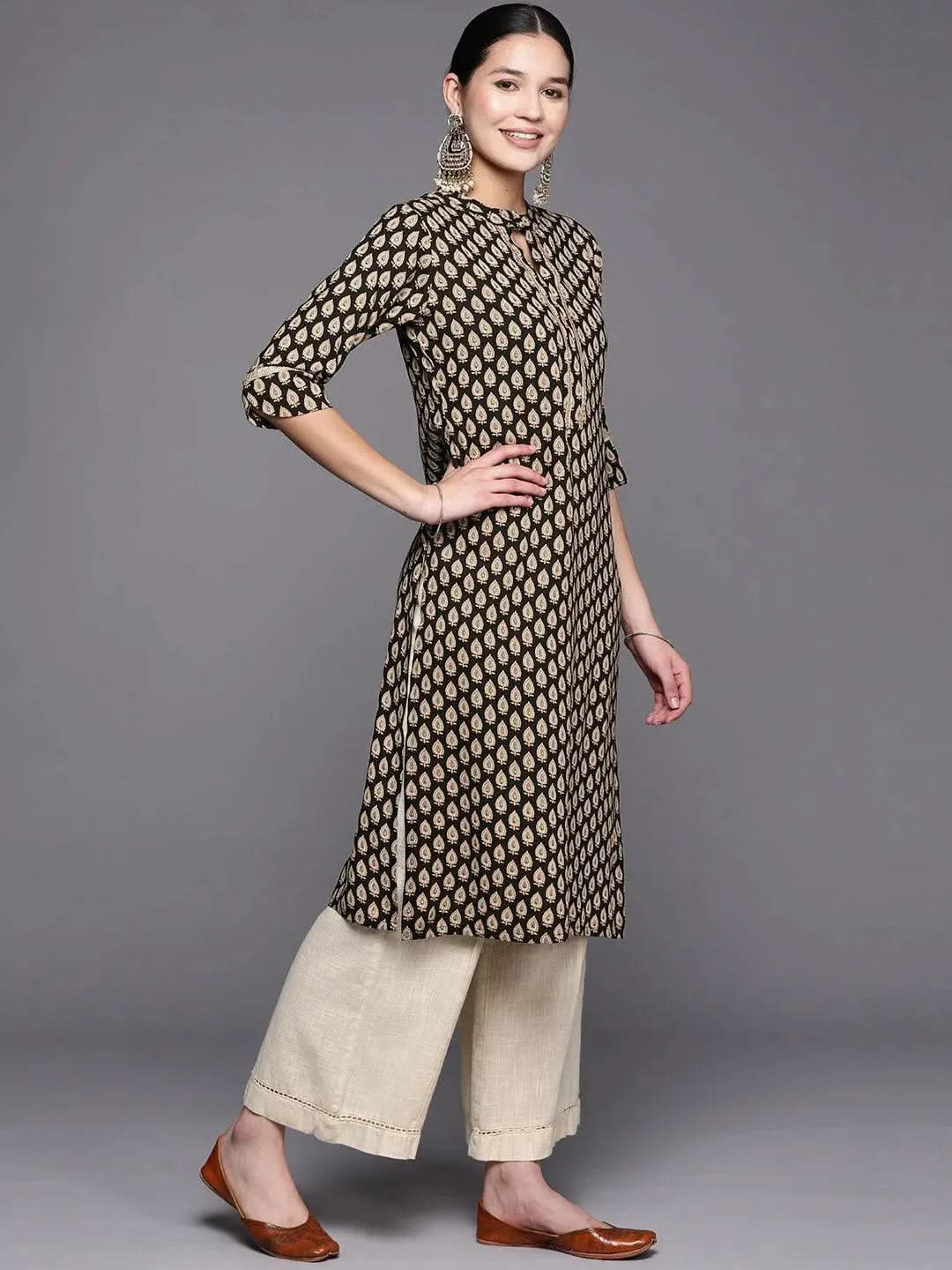 Black Printed Rayon Straight Kurta - Libas