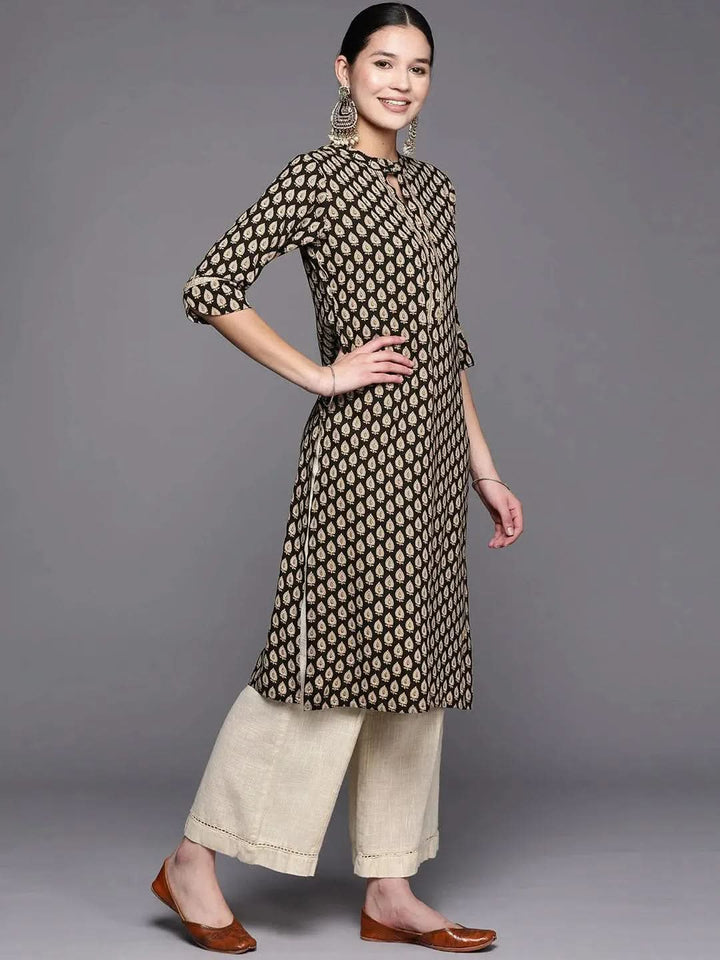 Black Printed Rayon Straight Kurta - Libas