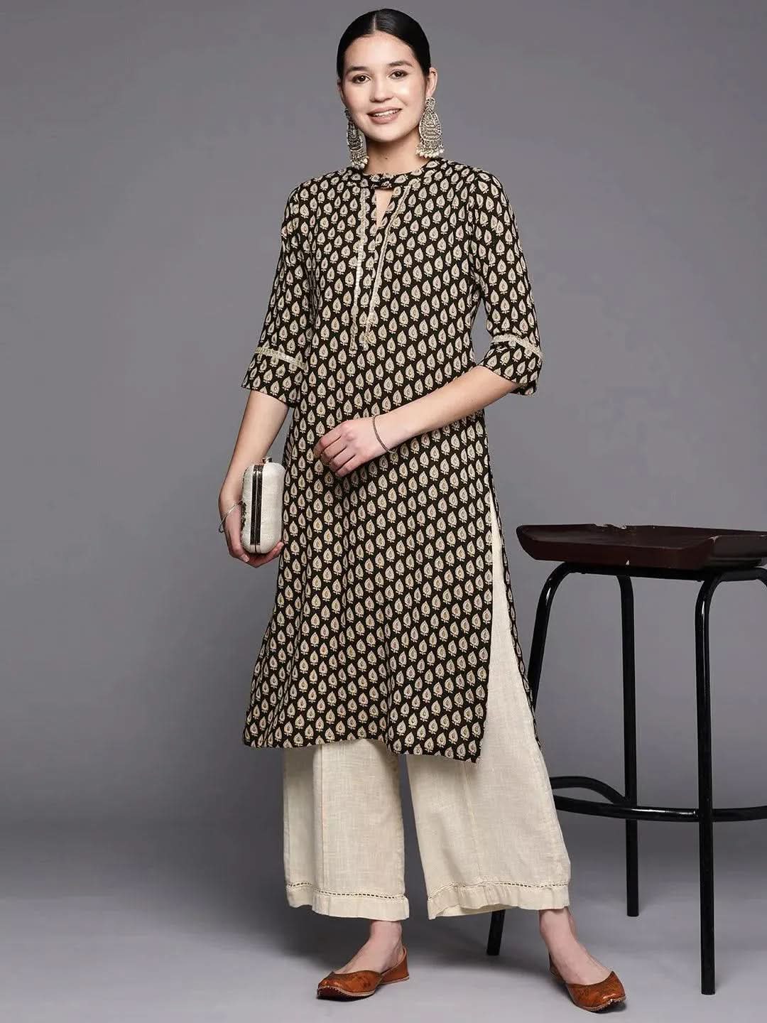 Black Printed Rayon Straight Kurta - Libas