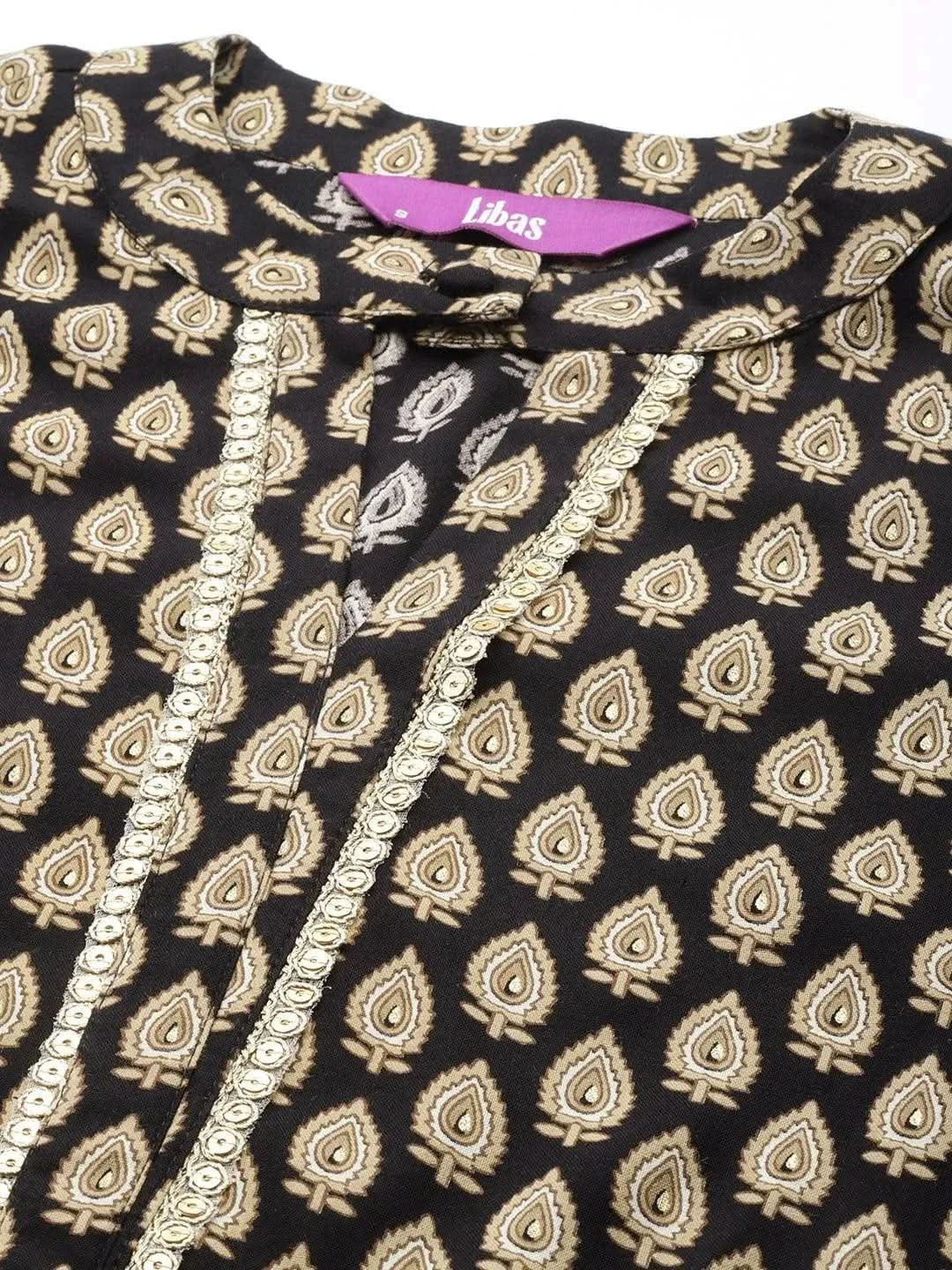 Black Printed Rayon Straight Kurta - Libas