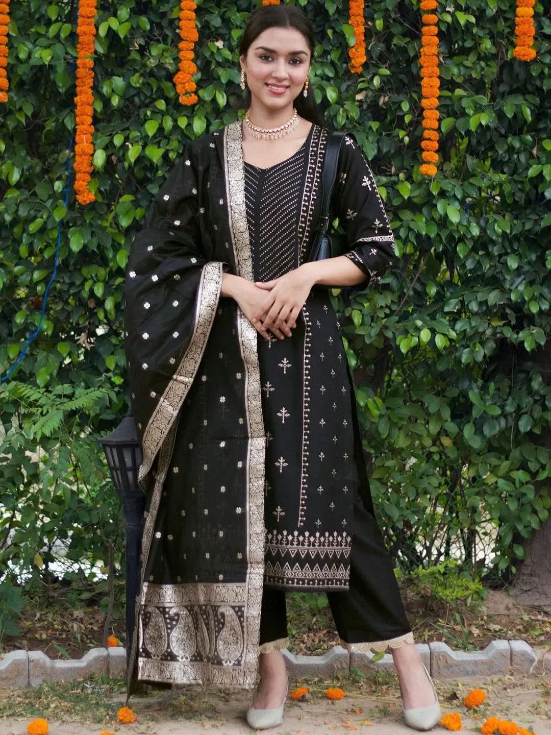 Black Printed Silk Blend Straight Suit Set - Libas
