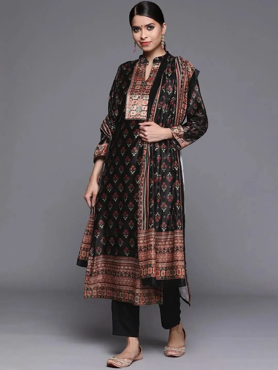 Black Printed Velvet Suit Set - Libas