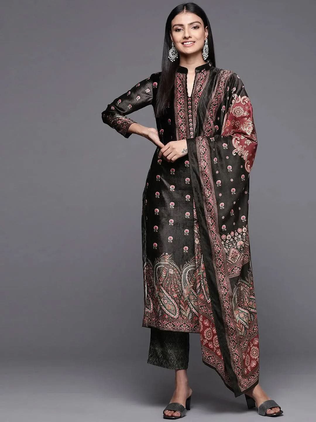 Black Printed Velvet Straight Suit Set - Libas