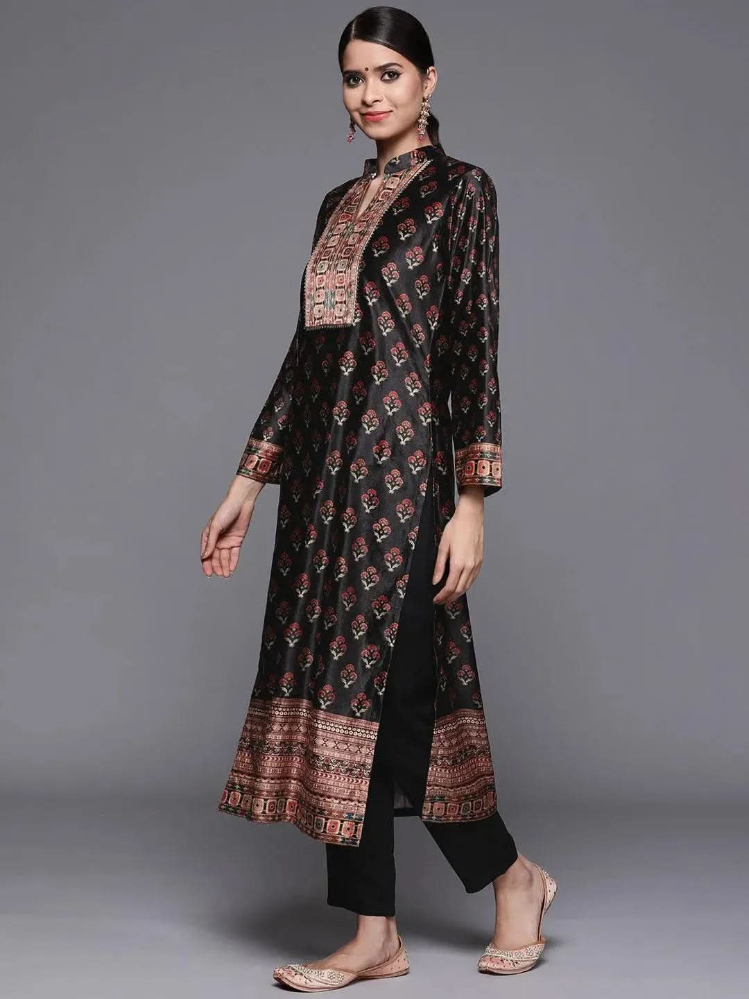 Black Printed Velvet Suit Set - Libas