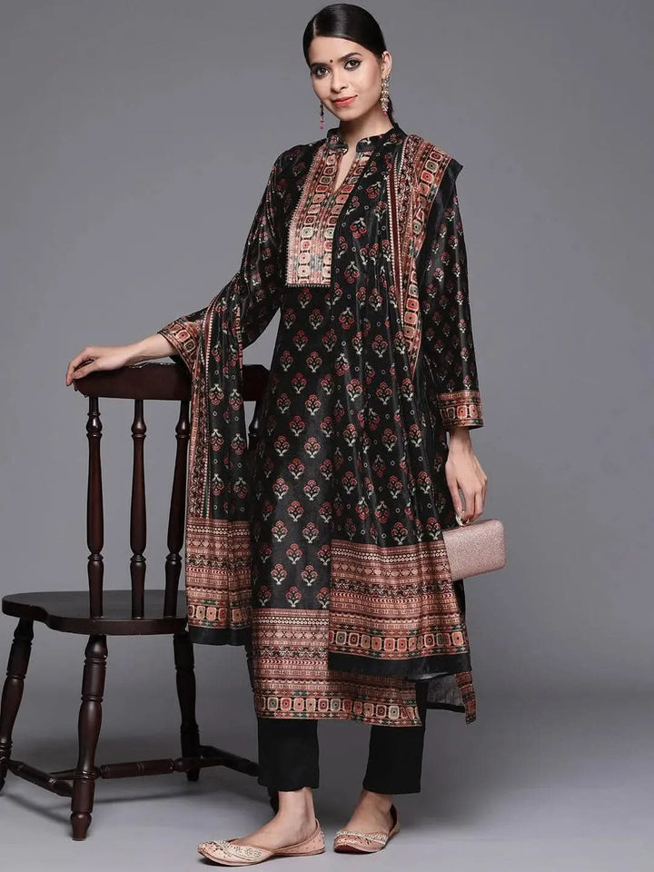 Black Printed Velvet Suit Set - Libas
