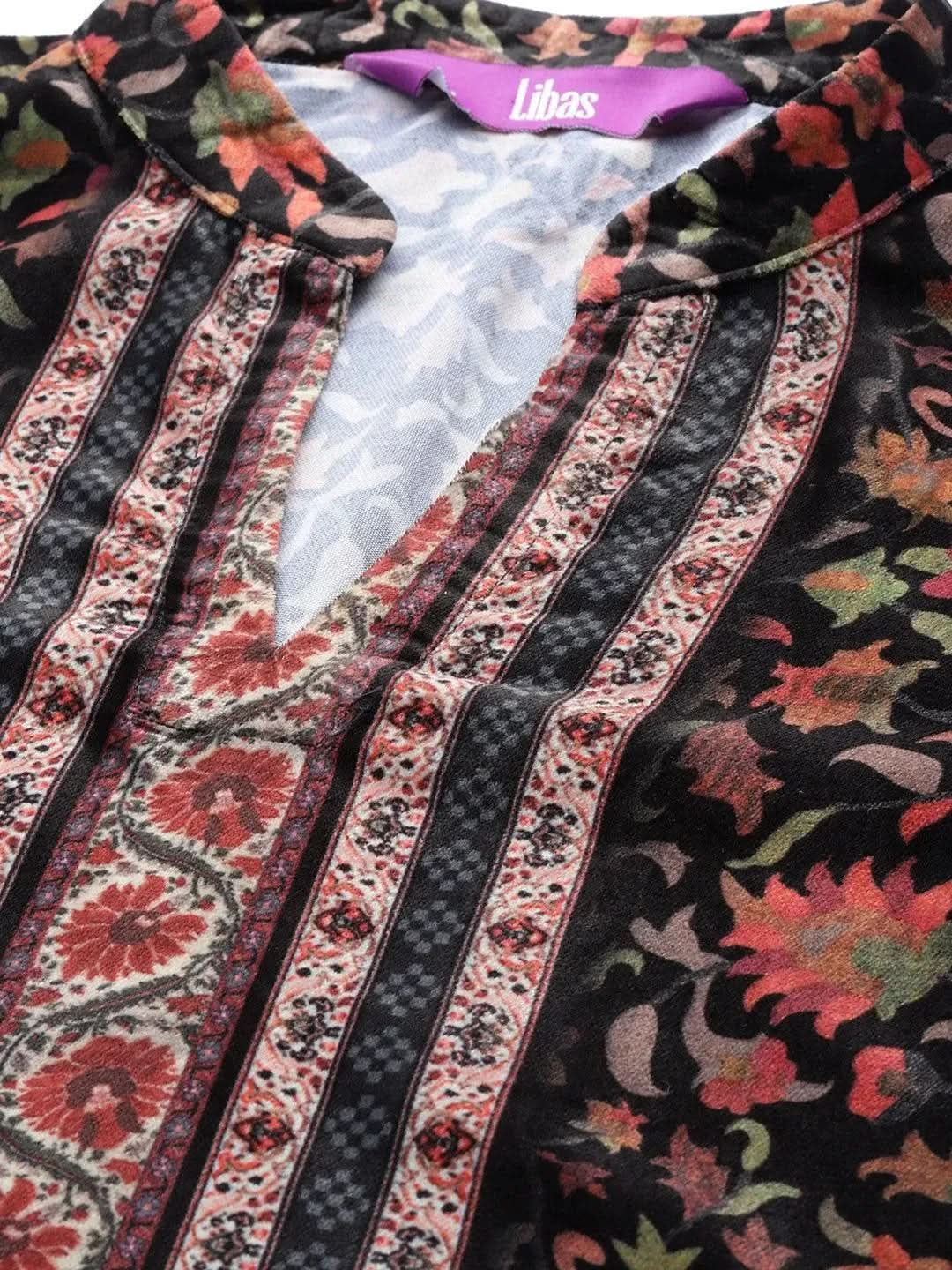 Black Printed Velvet Suit Set - Libas