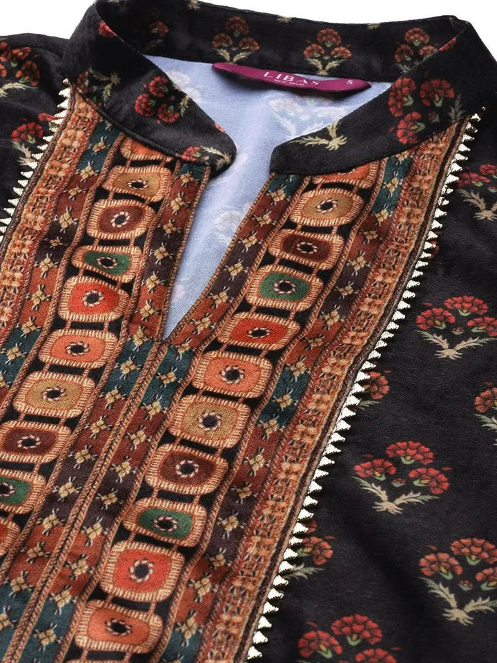 Black Printed Velvet Suit Set - Libas