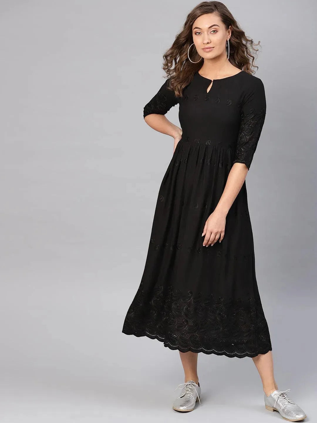 Black Schiffli Rayon Dress - Libas