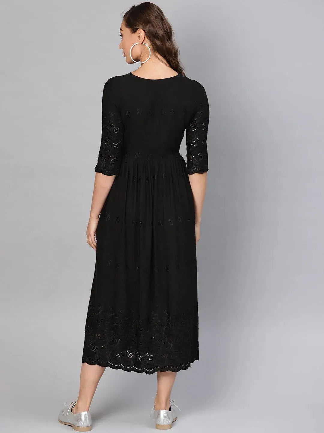 Black Schiffli Rayon Dress - Libas