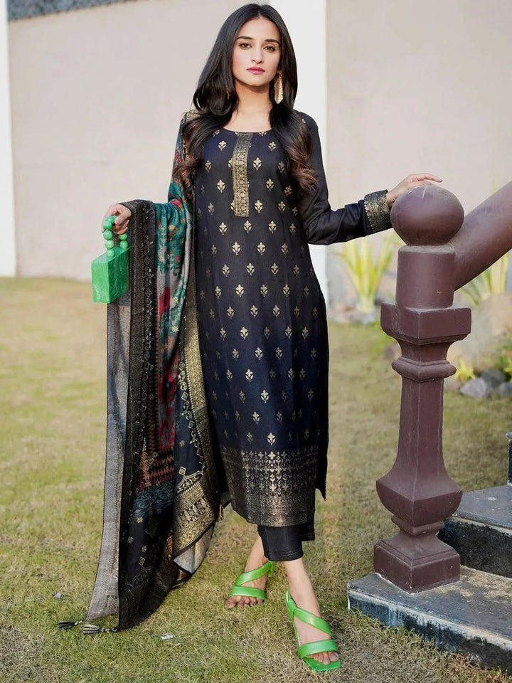 Black Self Design Pashmina Wool Straight Suit Set - Libas