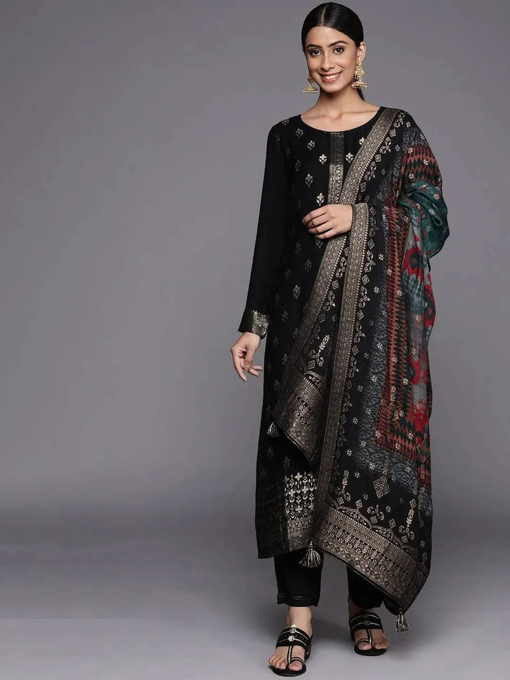 Black Self Design Pashmina Wool Straight Suit Set - Libas