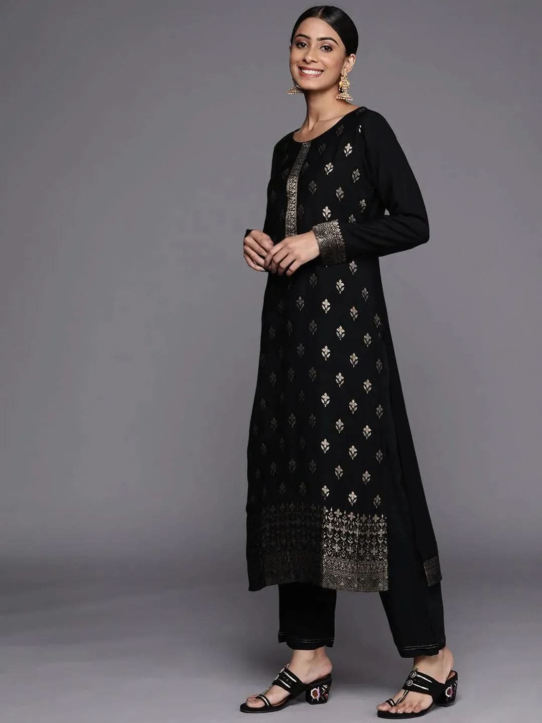 Black Self Design Pashmina Wool Straight Suit Set - Libas