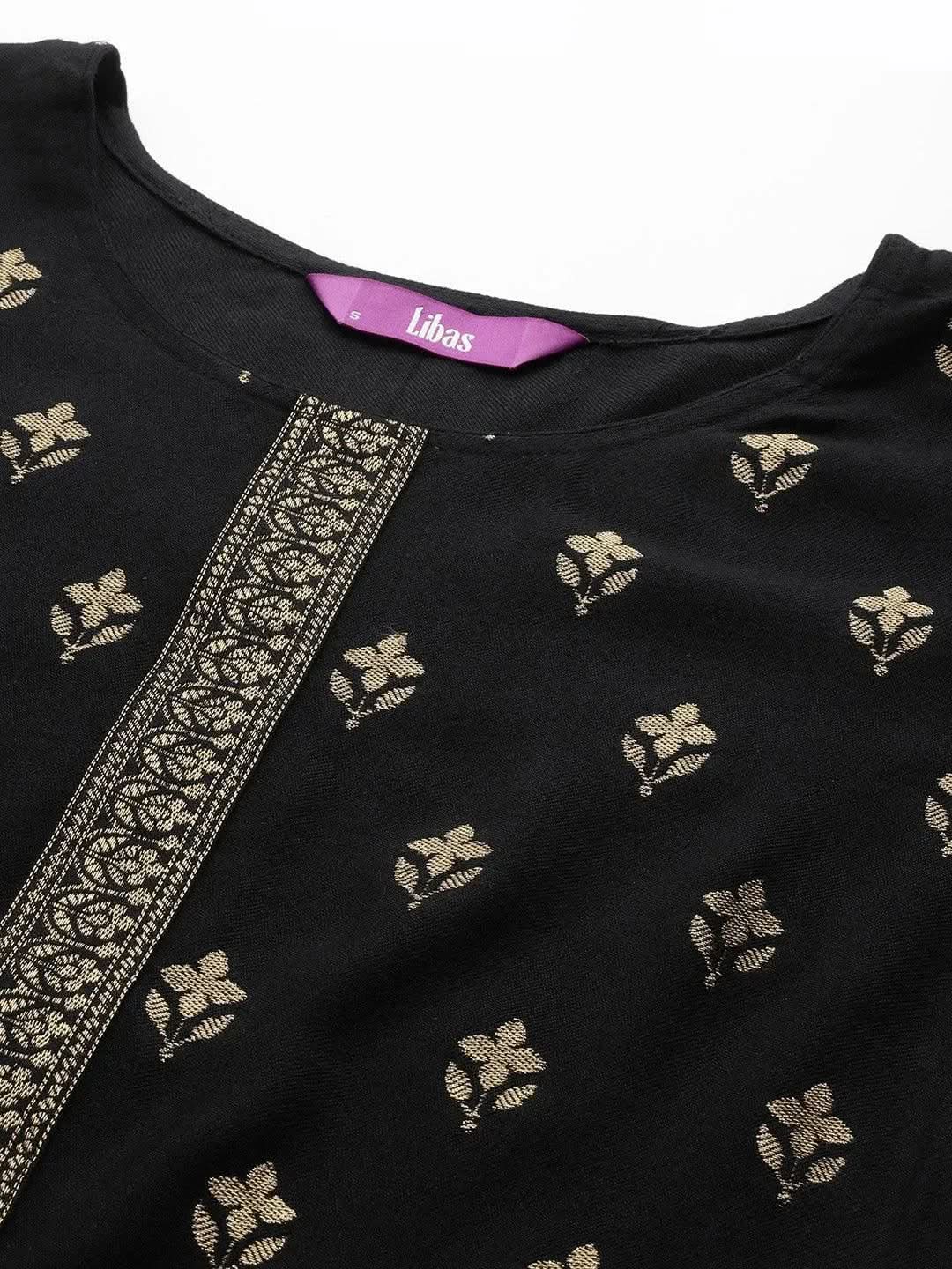 Black Self Design Pashmina Wool Straight Suit Set - Libas