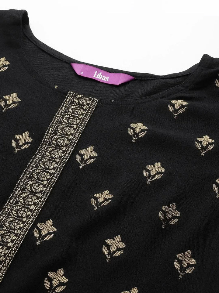 Black Self Design Pashmina Wool Straight Suit Set - Libas