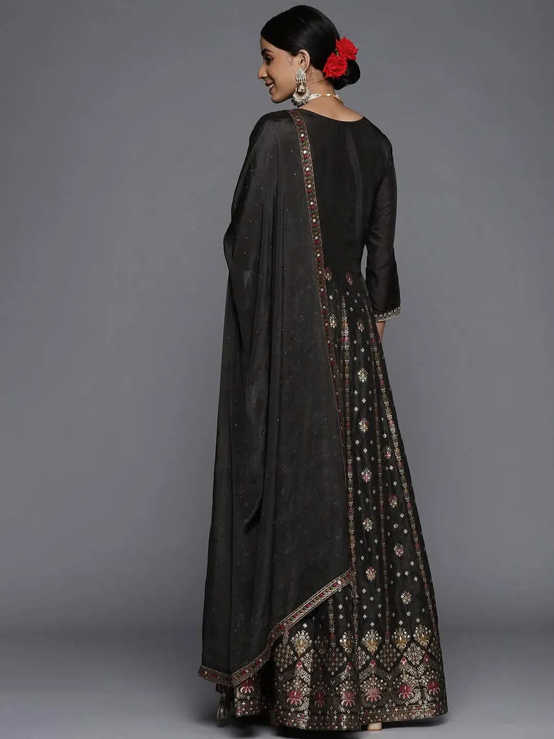 Black Self Design Silk Anarkali Kurta With Churidar & Dupatta
Black Self Design Silk Anarkali Kurta With Churidar & Dupatta
