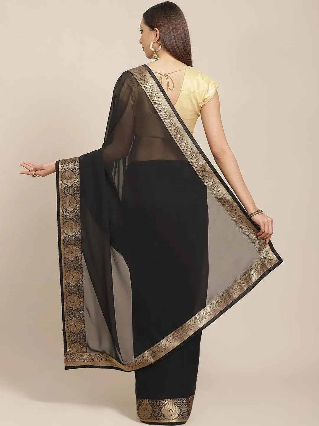 Black Solid Chiffon Saree - Libas