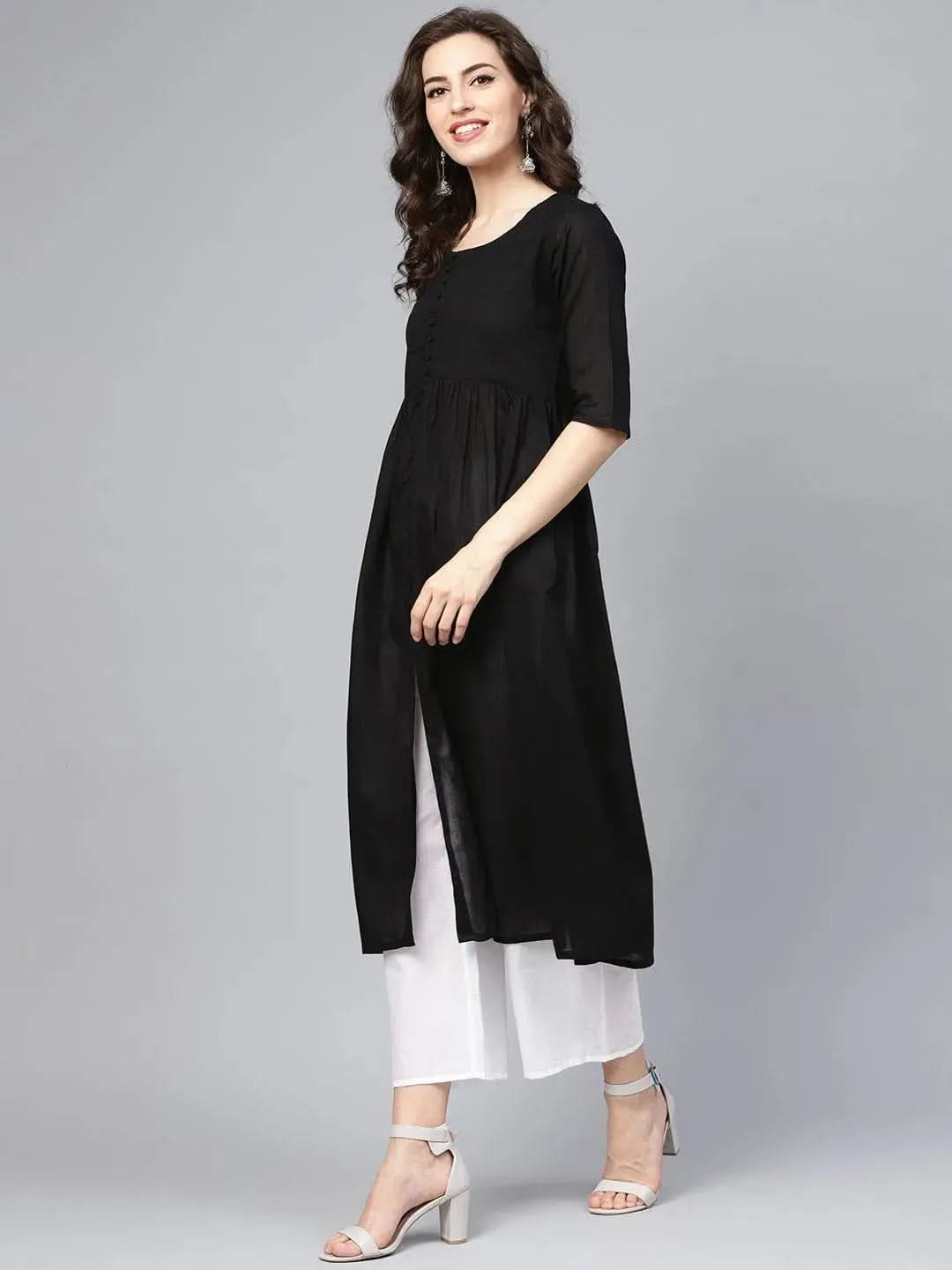 Black Solid Cotton A-Line Kurta With Palazzos & Dupatta 
Black Solid Cotton A-Line Kurta With Palazzos & Dupatta