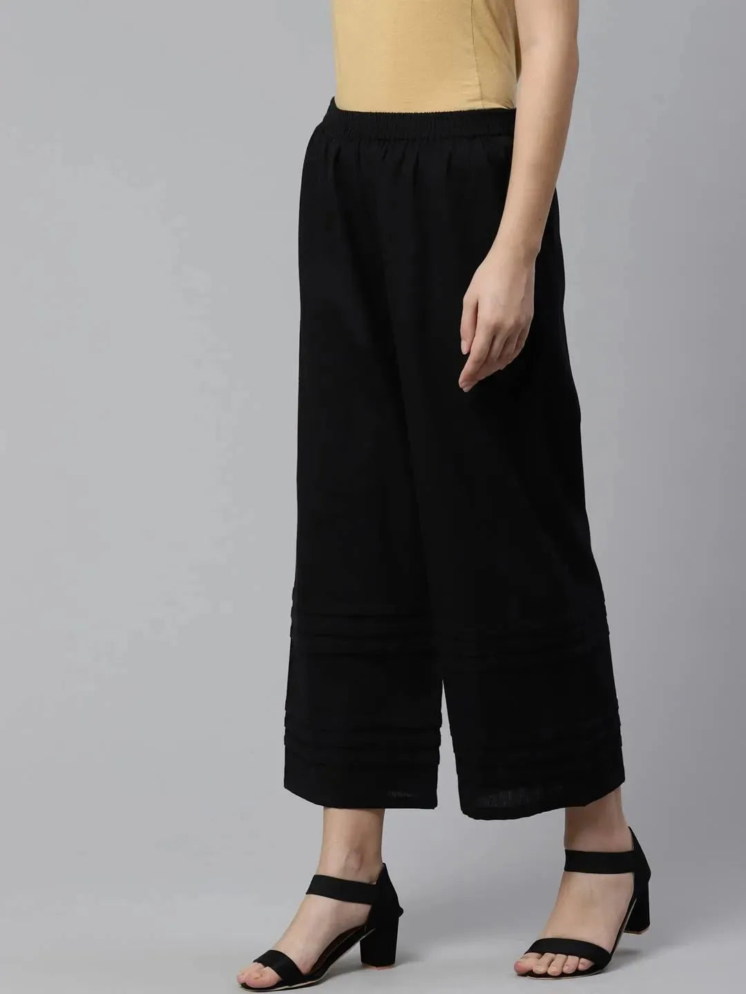 Black Solid Cotton Palazzos - Libas