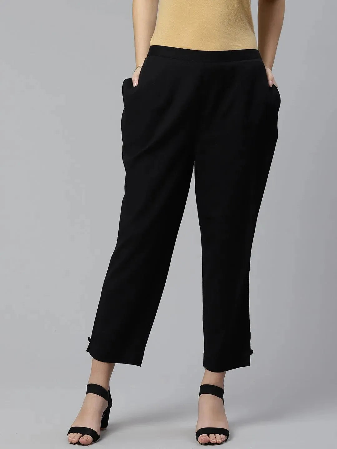 Black Solid Cotton Trousers - Libas