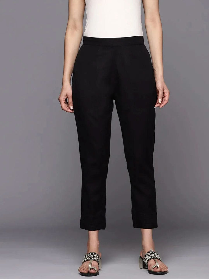 Black Solid Cotton Trousers - Libas