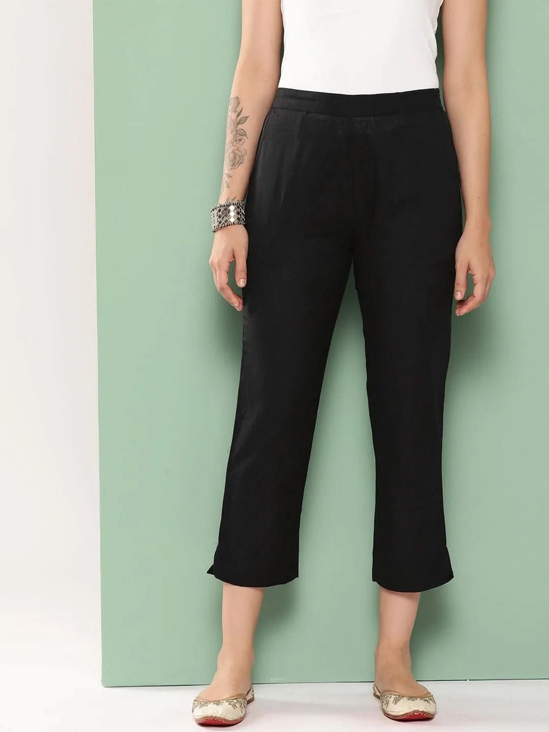 Buy Black Solid Cotton Trousers Online at Rs.589 Libas