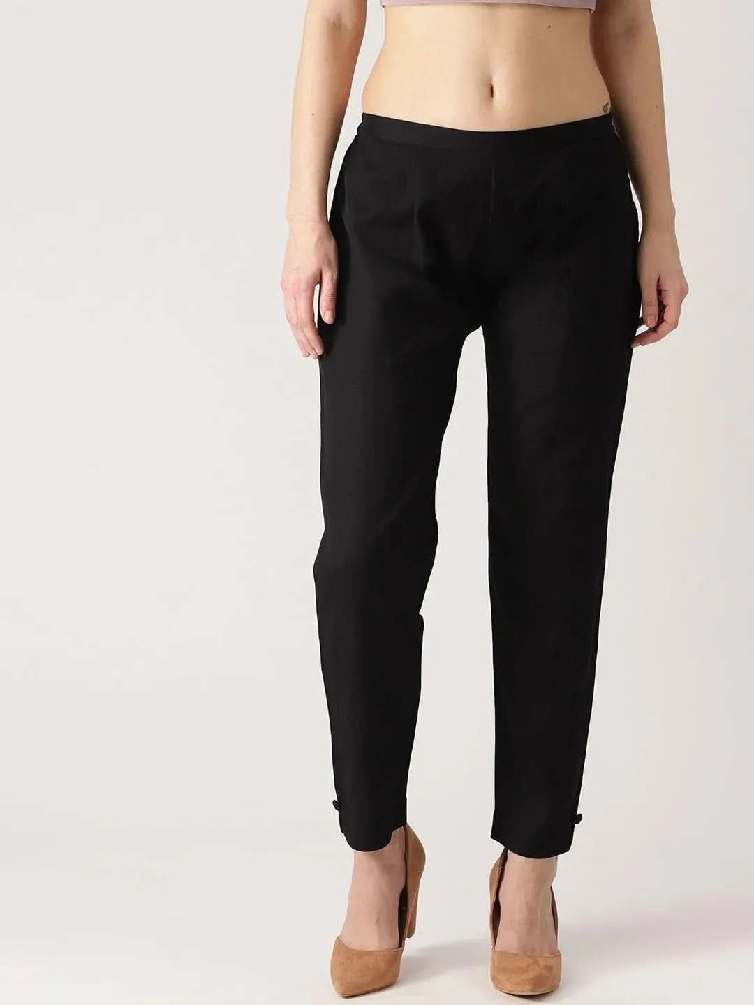 Black Solid Cotton Trousers - Libas