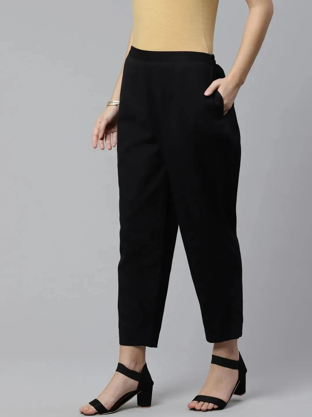 Black Solid Cotton Trousers - Libas