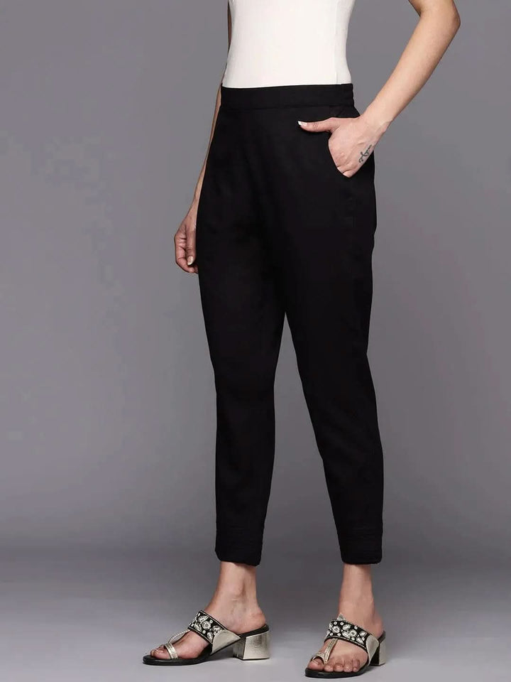 Black Solid Cotton Trousers - Libas