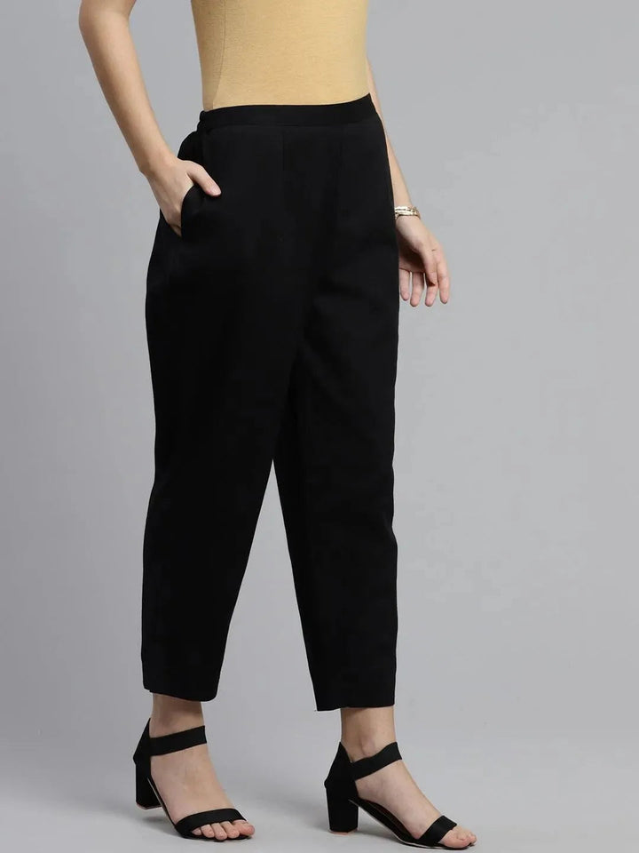 Black Solid Cotton Trousers - Libas