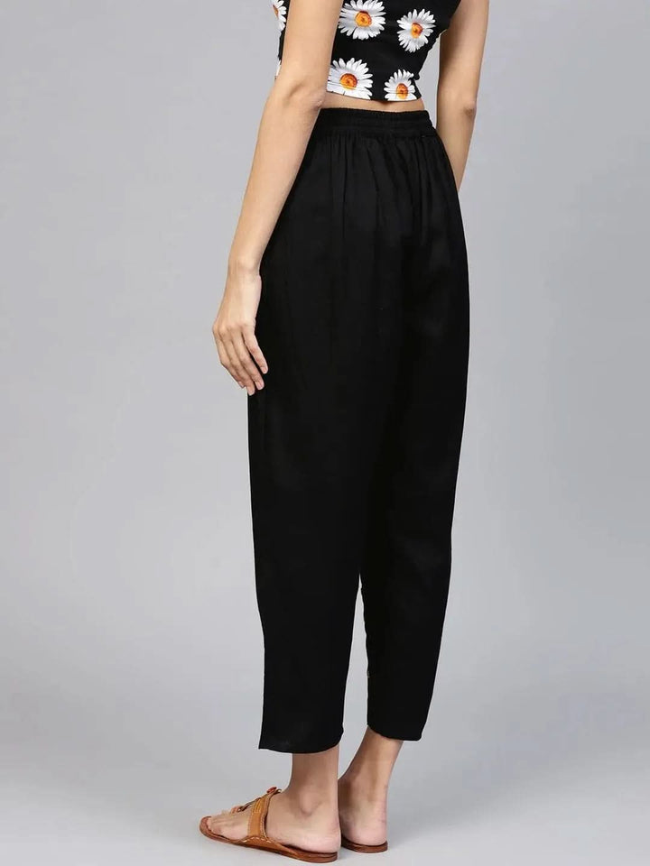 Black Solid Cotton Trousers - Libas