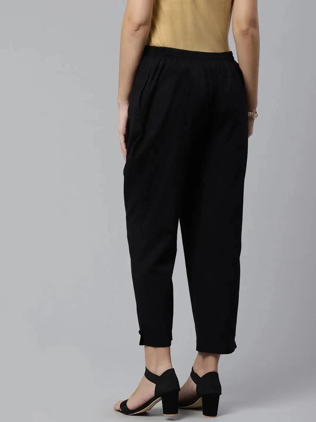 Black Solid Cotton Trousers - Libas