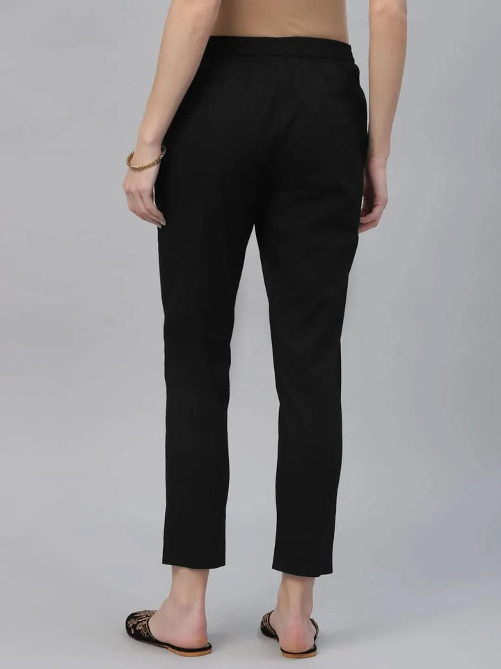 Black Solid Cotton Trousers - Libas