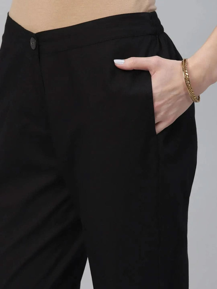 Black Solid Cotton Trousers - Libas