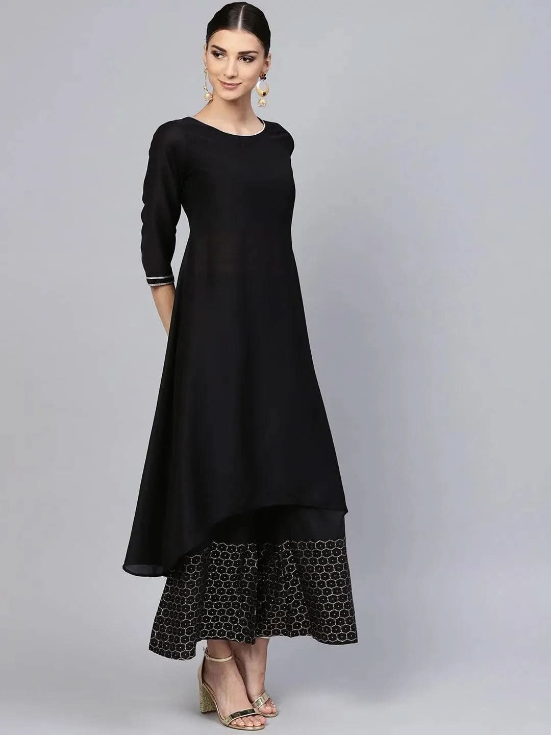 Black Solid Muslin A-Line Kurta With Palazzos & Stole
Black Solid Muslin A-Line Kurta With Palazzos & Stole