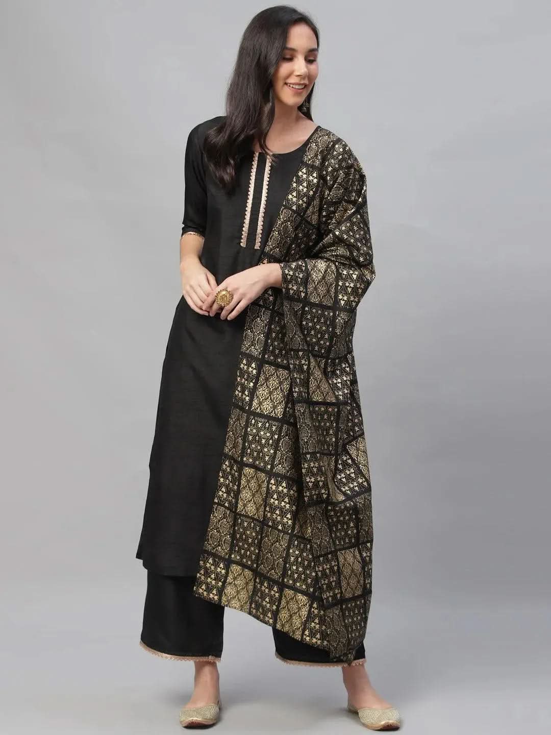 Black Solid Polyester Suit Set - Libas