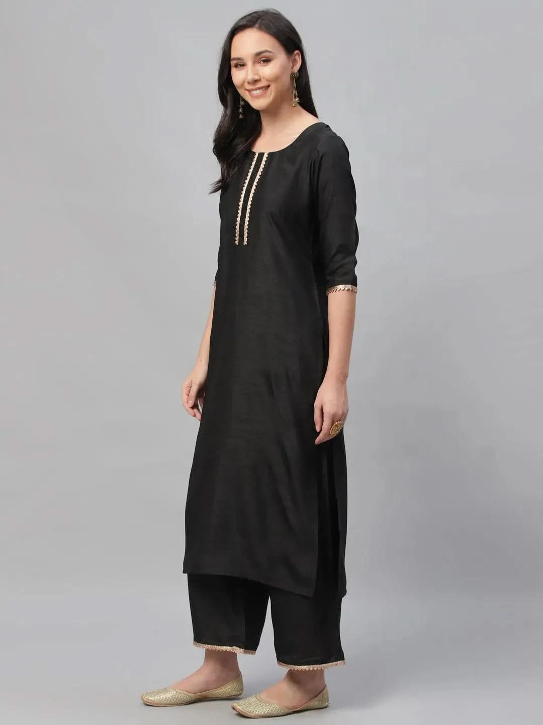 Black Solid Polyester Suit Set - Libas