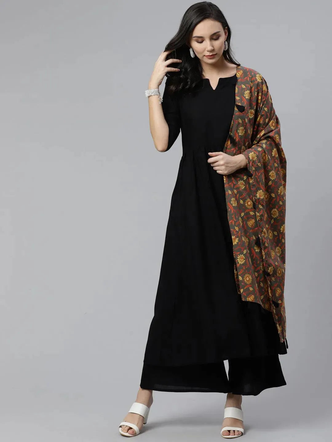 Black Solid Rayon Suit Set - Libas