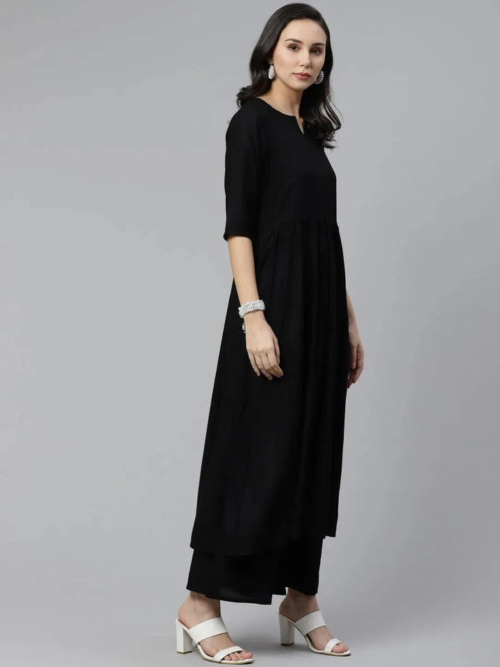 Black Solid Rayon Suit Set - Libas