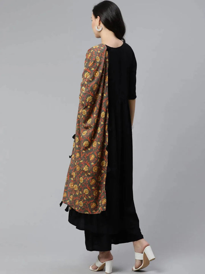Black Solid Rayon Suit Set - Libas
