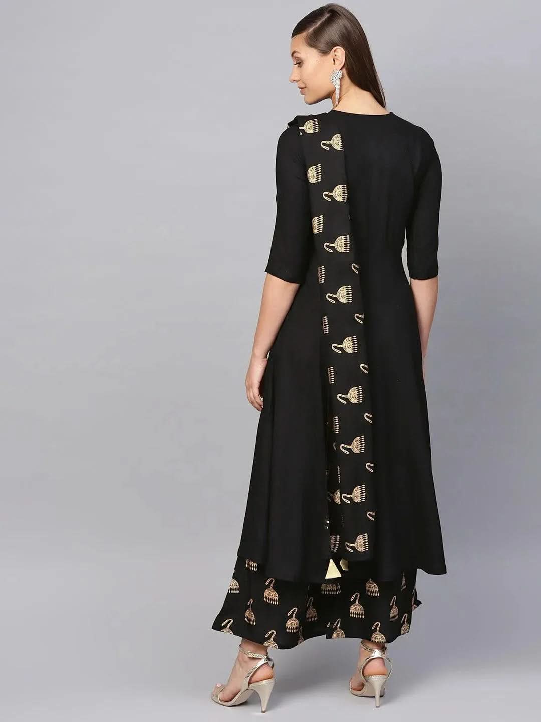 Black Solid Rayon Suit Set - Libas