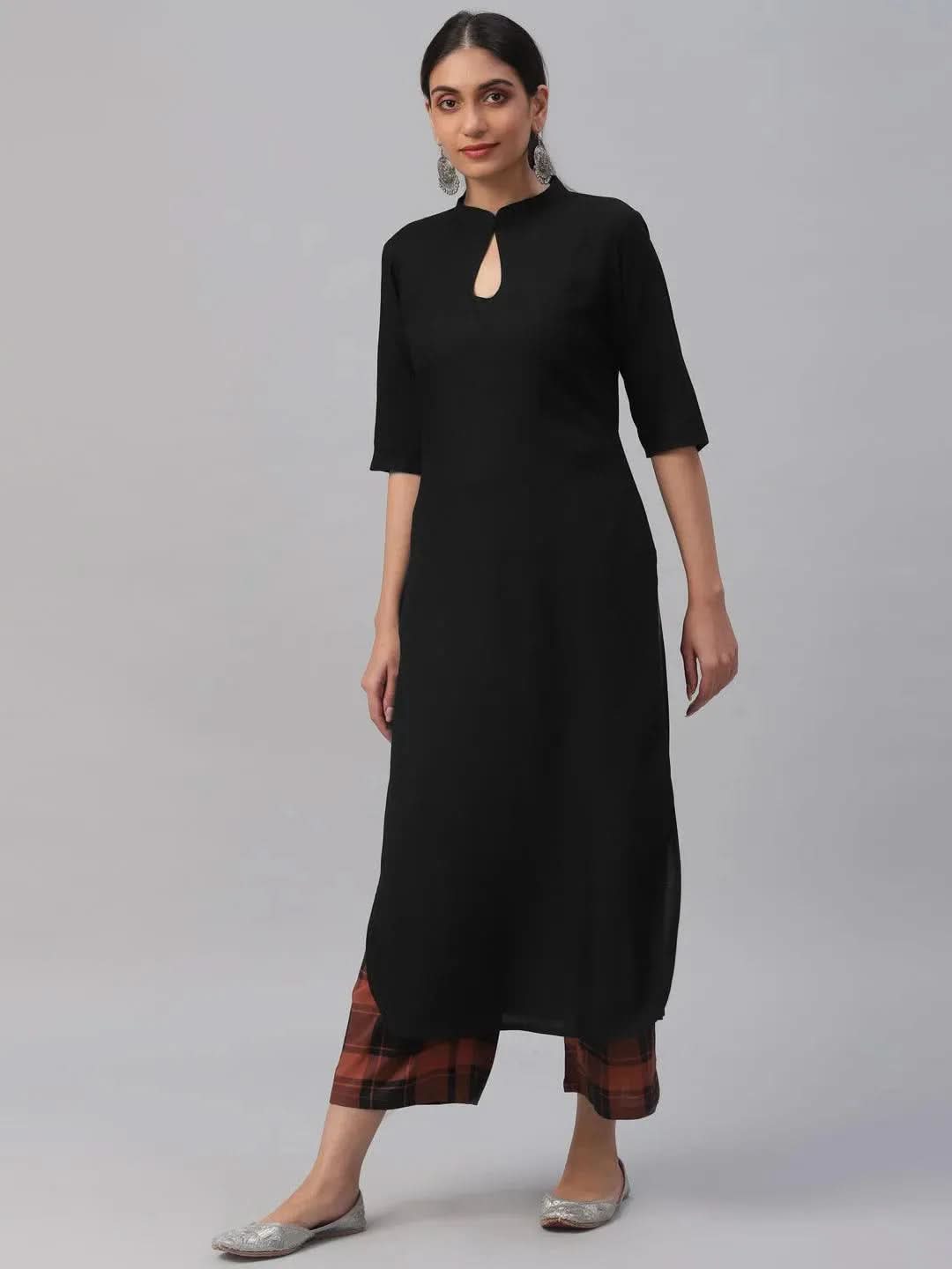 Black Solid Rayon Kurta Set - Libas