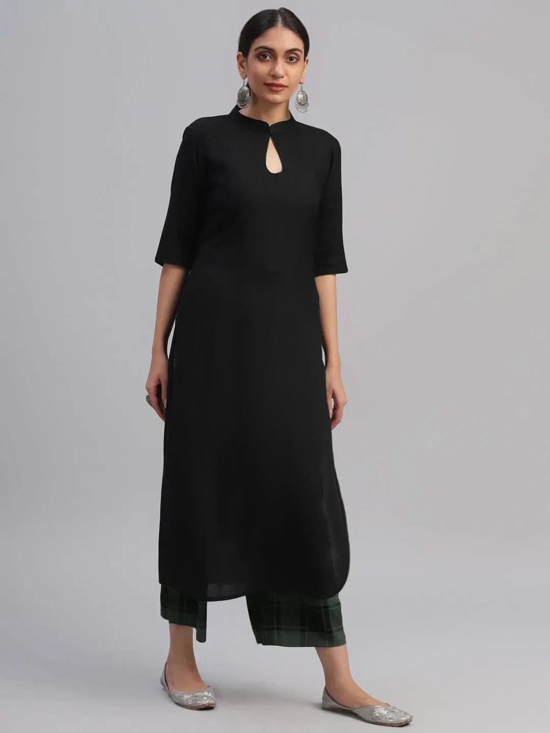 Black Solid Rayon Kurta Set - Libas