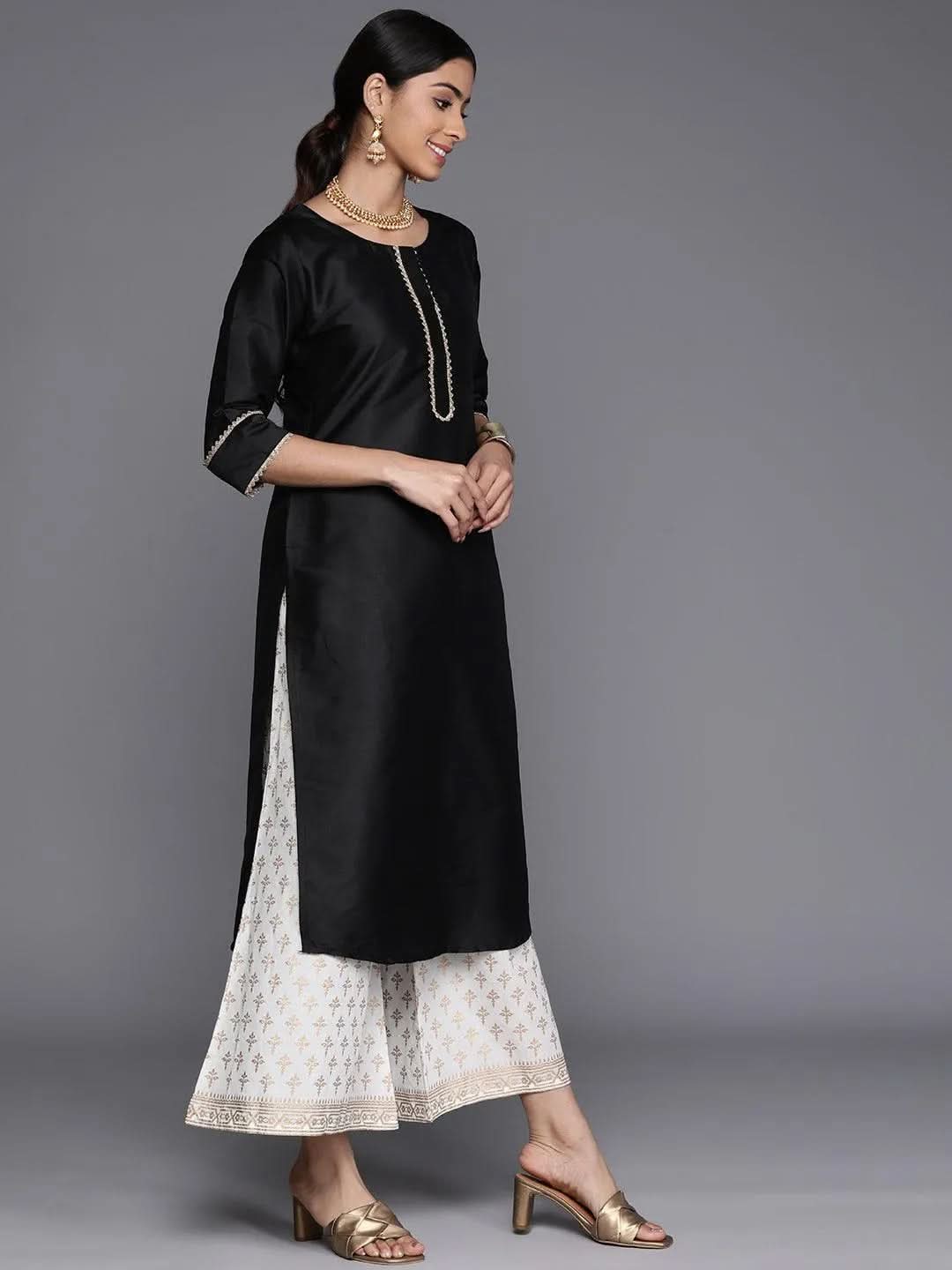 Black Solid Silk Straight Kurta 
Black Solid Silk Straight Kurta