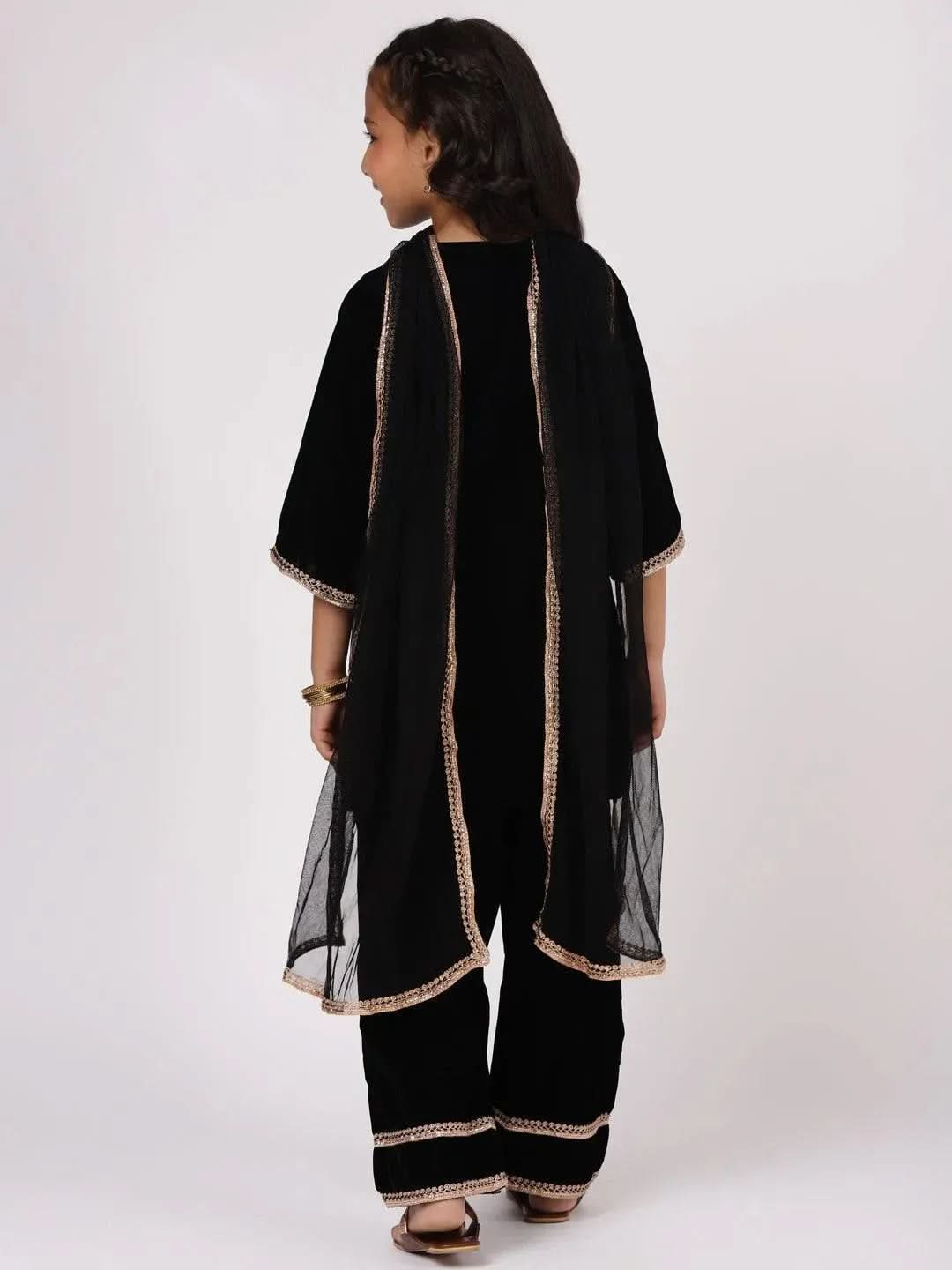 Black Solid Velvet Straight Suit Set - Libas